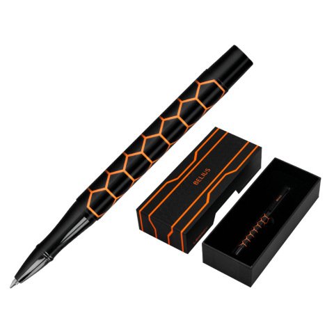 Boligrafo belius legacy aluminio diseño hexagono naranja cuerpo negro tinta color azul caja de diseño