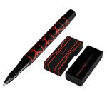 Boligrafo belius legacy aluminio diseño triangulo rojo cuerpo negro tinta color azul caja de diseño