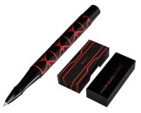Boligrafo belius legacy aluminio diseño triangulo rojo cuerpo negro tinta color azul caja de diseño