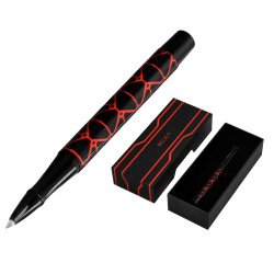 Boligrafo belius legacy aluminio diseño triangulo rojo cuerpo negro tinta color azul caja de diseño