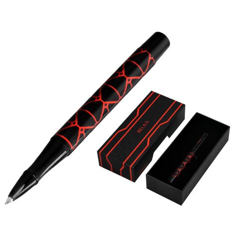 Boligrafo belius legacy aluminio diseño triangulo rojo cuerpo negro tinta color azul caja de diseño
