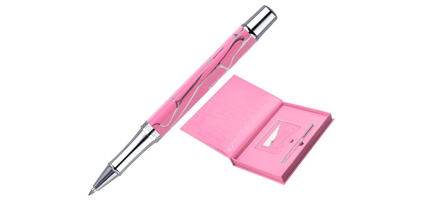 Boligrafo y wallet belius cocktails cosmopolitan aluminio rosa plateado relievetinta color azul caja diseño