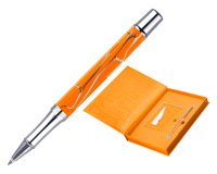 Boligrafo y wallet belius cocktails mimosa aluminio naranja plateado relieve tintacolor azul caja de diseño