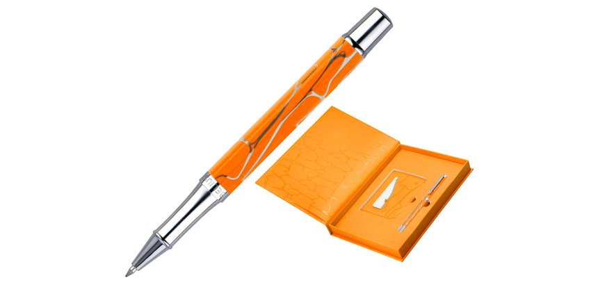 Boligrafo y wallet belius cocktails mimosa aluminio naranja plateado relieve tintacolor azul caja de diseño