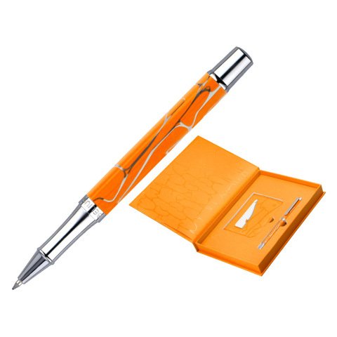 Boligrafo y wallet belius cocktails mimosa aluminio naranja plateado relieve tintacolor azul caja de diseño
