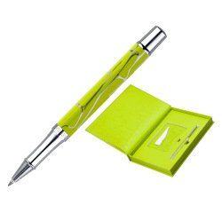 Boligrafo y wallet belius cocktails margarita aluminio verde lima plateado relieve tinta color azul caja de