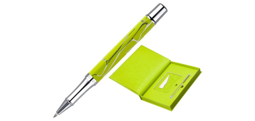 Boligrafo y wallet belius cocktails margarita aluminio verde lima plateado relieve tinta color azul caja de