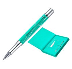 Boligrafo y wallet belius cocktails mojito aluminio verde plateado relieve tinta color azul caja de diseño