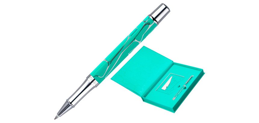 Boligrafo y wallet belius cocktails mojito aluminio verde plateado relieve tinta color azul caja de diseño