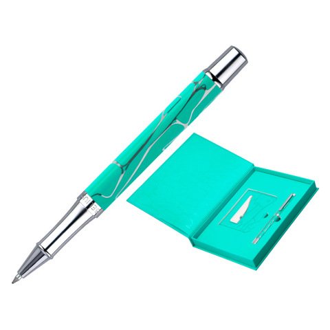 Boligrafo y wallet belius cocktails mojito aluminio verde plateado relieve tinta color azul caja de diseño