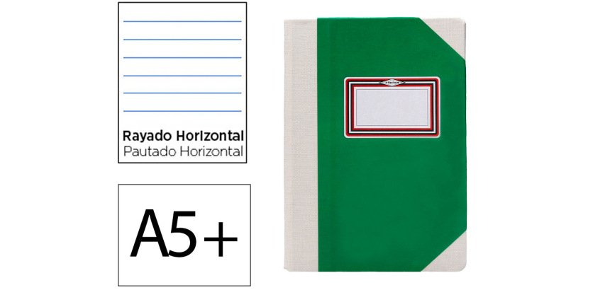 Libro cartone cosido fernandes flecha din a5+ rayado horizontal 50 hojas 100 gr verde