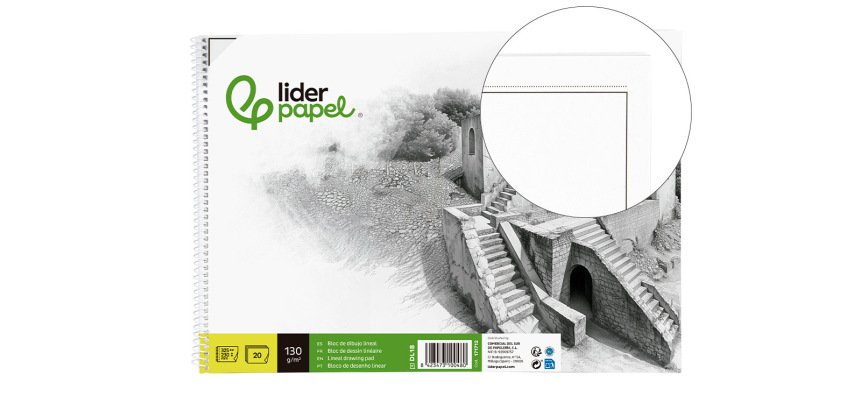 Bloc dibujo liderpapel lineal historico espiral 230x325mm 20 hojas 130g/m2 con recuadro perforado