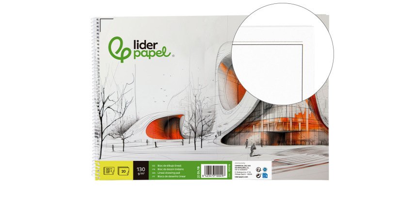 Bloc dibujo liderpapel lineal vanguardia espiral 230x325mm 20 hojas 130g/m2 con recuadro perforado