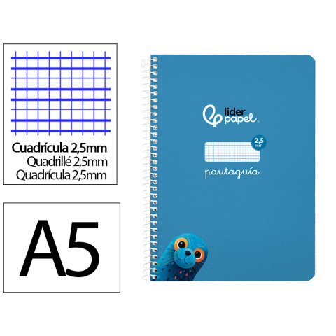 Cuaderno espiral liderpapel a5 pautaguia tapa blanda 40h 75gr cuadro pautado 2,5mm color azul