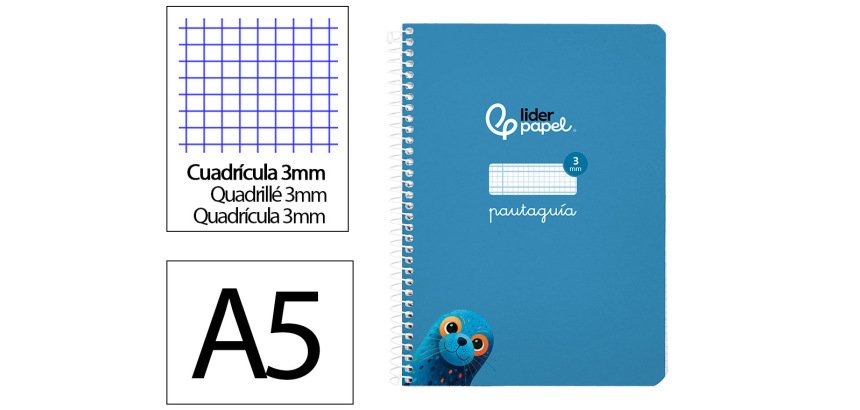 Cuaderno espiral liderpapel a5 pautaguia tapa blanda 40h 75gr cuadro pautado 3mm color azul