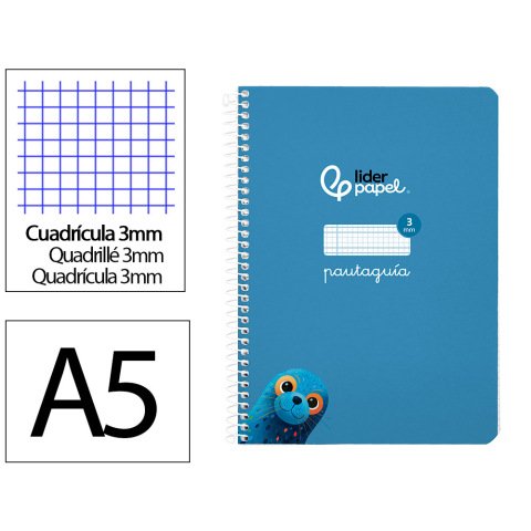 Cuaderno espiral liderpapel a5 pautaguia tapa blanda 40h 75gr cuadro pautado 3mm color azul