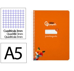 Cuaderno espiral liderpapel a5 pautaguia tapa blanda 40h 75gr cuadro pautado 3mm color naranja