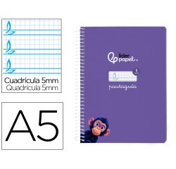 Cuaderno espiral liderpapel a5 pautaguia tapa blanda 40h 75gr cuadro pautado 5mm color lila