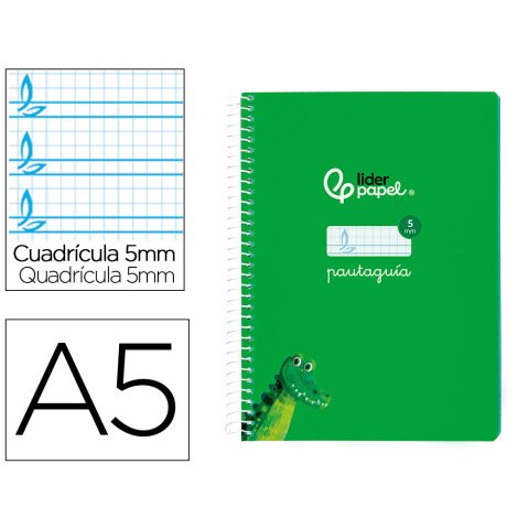 Cuaderno espiral liderpapel a5 pautaguia tapa blanda 40h 75grcuadro pautado 5mm color verde