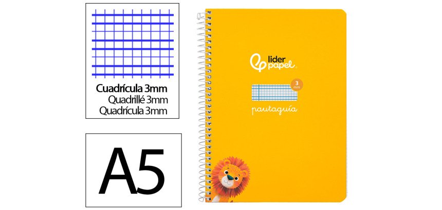 Cuaderno espiral liderpapel a5 pautaguia tapa dura 80h 90gr cuadro pautado 3mm color amarillo