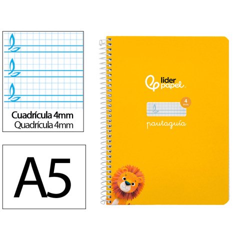 Cuaderno espiral liderpapel a5 pautaguia tapa dura 80h 90gr cuadro pautado 4mm color amarillo