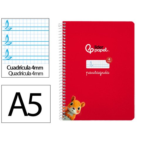 Cuaderno espiral liderpapel a5 pautaguia tapa dura 80h 90gr cuadro pautado 4mm color rojo