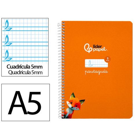 Cuaderno espiral liderpapel a5 pautaguia tapa dura 80h 90 gr cuadro pautado 5mm color naranja