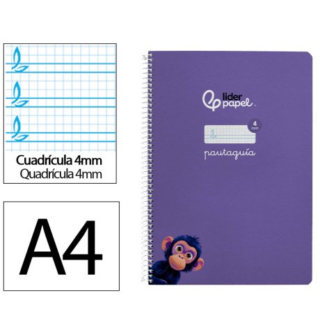 Cuaderno espiral liderpapel a4 pautaguia tapa blanda 80h 75gr cuadro pautado 4mm color lila