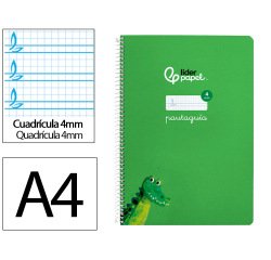 Cuaderno espiral liderpapel a4 pautaguia tapa blanda 80h 75gr cuadro pautado 4mm color verde