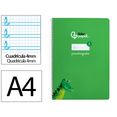 Cuaderno espiral liderpapel a4 pautaguia tapa blanda 80h 75 gr cuadro pautado 4mm color verde