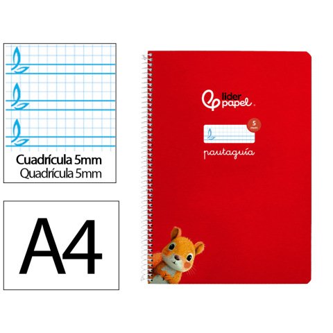 Cuaderno espiral liderpapel a4 pautaguia tapa blanda 80h 75gr cuadro pautado 5mm color rojo
