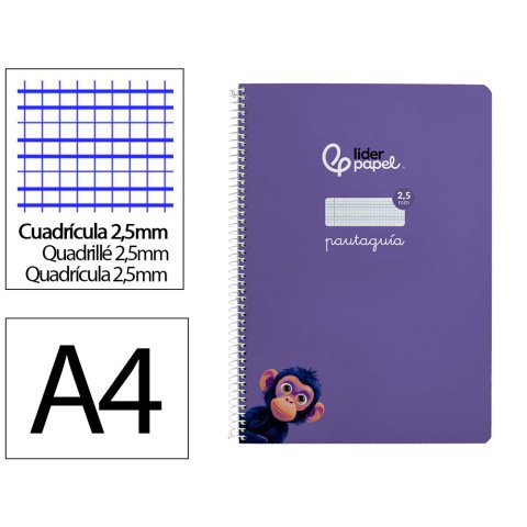 Cuaderno espiral liderpapel a4 pautaguia tapa dura 80h 90 gr cuadro pautado 2,5mm color lila
