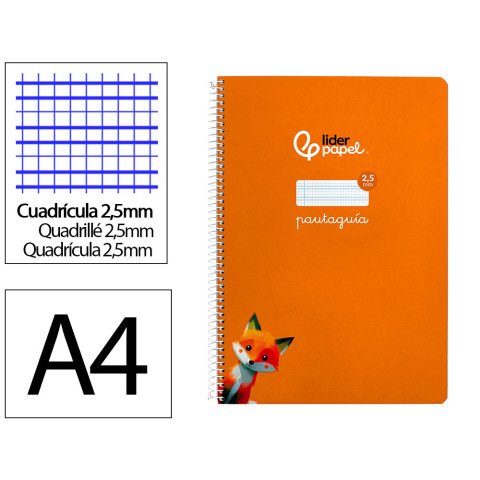 Cuaderno espiral liderpapel a4 pautaguia tapa dura 80h 90 gr cuadro pautado 2,5 mm color naranja