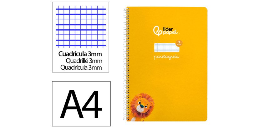 Cuaderno espiral liderpapel a4 pautaguia tapa dura 80h 90 gr cuadro pautado 3mm color amarillo