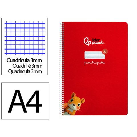 Cuaderno espiral liderpapel a4 pautaguia tapa dura 80h 90 gr cuadro pautado 3mm color rojo