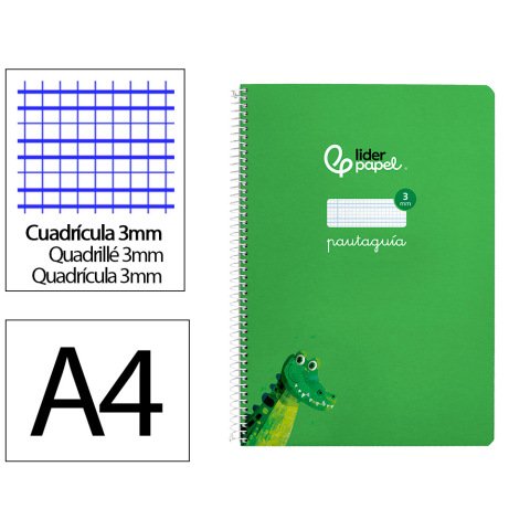 Cuaderno espiral liderpapel a4 pautaguia tapa dura 80h 90 gr cuadro pautado 3mm color verde