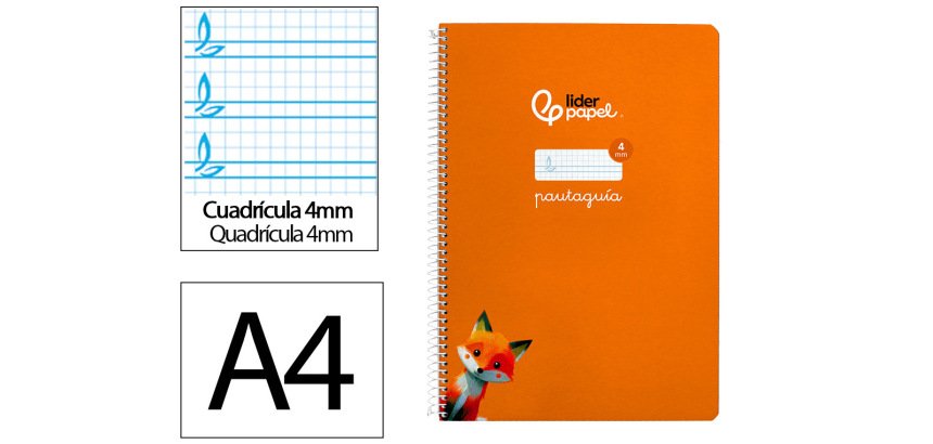 Cuaderno espiral liderpapel a4 pautaguia tapa dura 80h 90gr cuadro pautado 4mm color naranja