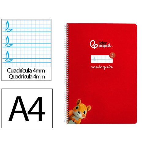 Cuaderno espiral liderpapel a4 pautaguia tapa dura 80h 90gr cuadro pautado 4mm color rojo