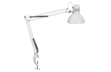 Lampara de escritorio maul metal 57w doble brazo cabezal orientable pinza blanca