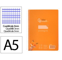 Cuaderno espiral liderpapel a5 pautaguia tapa plastico 80h 90gr cuadro pautado 3mm color naranja