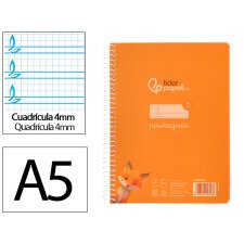 Cuaderno espiral liderpapel din a5 pautaguia tapa plastico 80h 90gr cuadro pautado 4mm color naranja