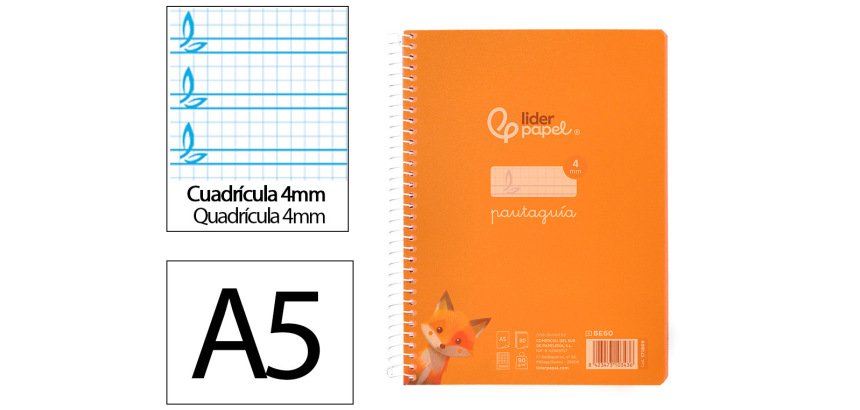 Cuaderno espiral liderpapel a5 pautaguia tapa plastico 80h 90gr cuadro pautado 4mm color naranja