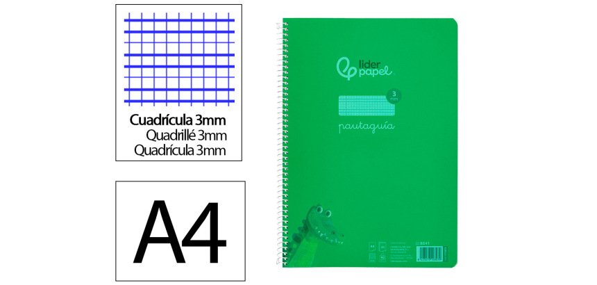 Cuaderno espiral liderpapel a4 pautaguia tapa plastico 80h 90gr cuadro pautado 3mm con margen color verde
