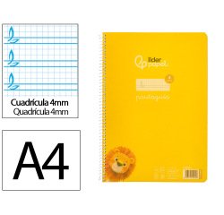 Cuaderno espiral liderpapel a4 pautaguia tapa plastico 80h 90gr cuadro pautado 4mm con margen color amarillo