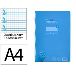 Cuaderno espiral liderpapel a4 pautaguia tapa plastico 80h 90gr cuadro pautado 4mm con margen color azul