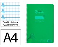 Cuaderno espiral liderpapel a4 pautaguia tapa plastico 80h 90gr cuadro pautado 4mm con margen color verde