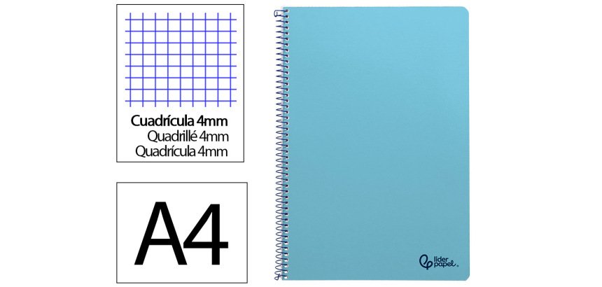Cuaderno espiral liderpapel a4 smart tapa blanda 80h 75gr cuadro 4mm con margen color celeste