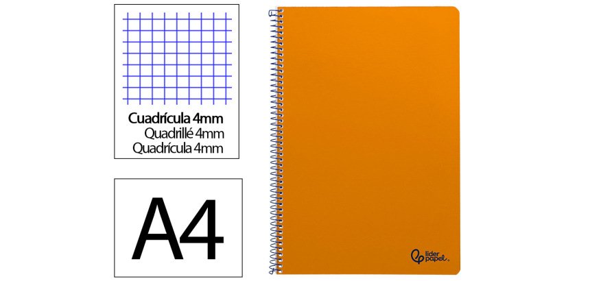 Cuaderno espiral liderpapel a4 smart tapa blanda 80h 75gr cuadro 4mm con margen color naranja