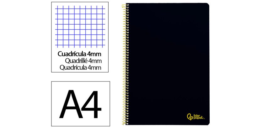 Cuaderno espiral liderpapel a4 smart tapa blanda 80h 75gr cuadro 4mm con margen color negro