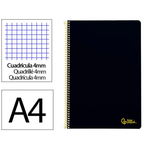 Cuaderno espiral liderpapel a4 smart tapa blanda 80h 75gr cuadro 4mm con margen color negro